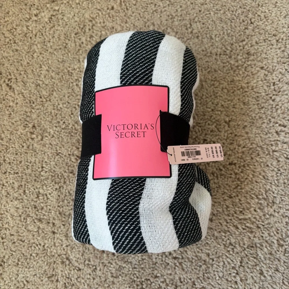 Victoria's Secret Black and White Striped Blanket with Pink